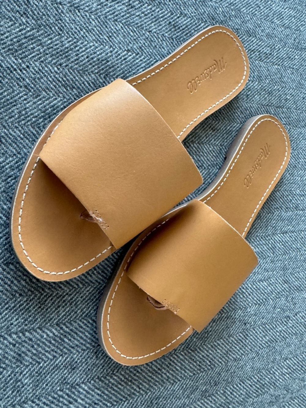 MADEWELL, TAN LEATHER WIDE STRAP SANDALS